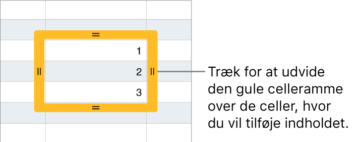 En valgt celle med en stor gul ramme, som du kan trække for at udfylde celler automatisk.