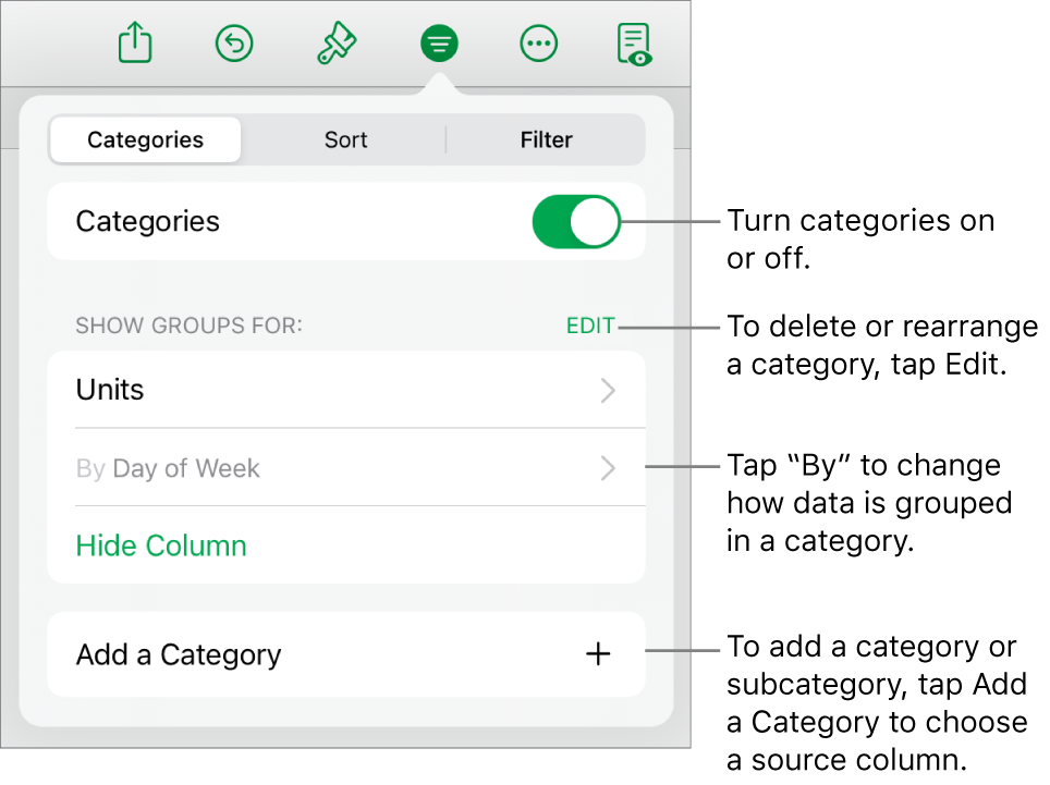 The Categories menu for iPad with options for turning categories off, deleting categories, regrouping data, hiding a source column, and adding categories.