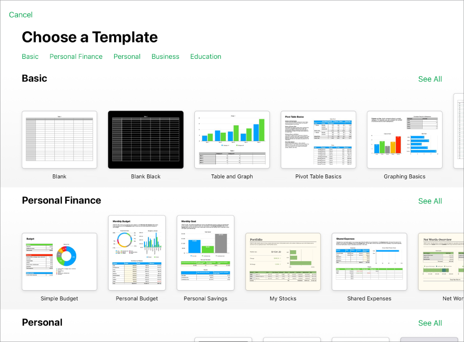 The template chooser, showing a row of categories across the top that you can tap to filter the options. Below are thumbnails of predesigned templates arranged in rows by category, starting with Recent at the top and followed by Basic and Personal Finance. A See All button appears above and to the right of each category row. The Language and Region button is in the top-right corner.