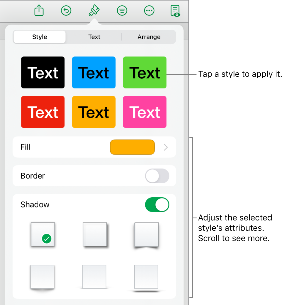 The Style tab of the Format menu with shape styles at the top and controls below them to change the fill, border and shadow.