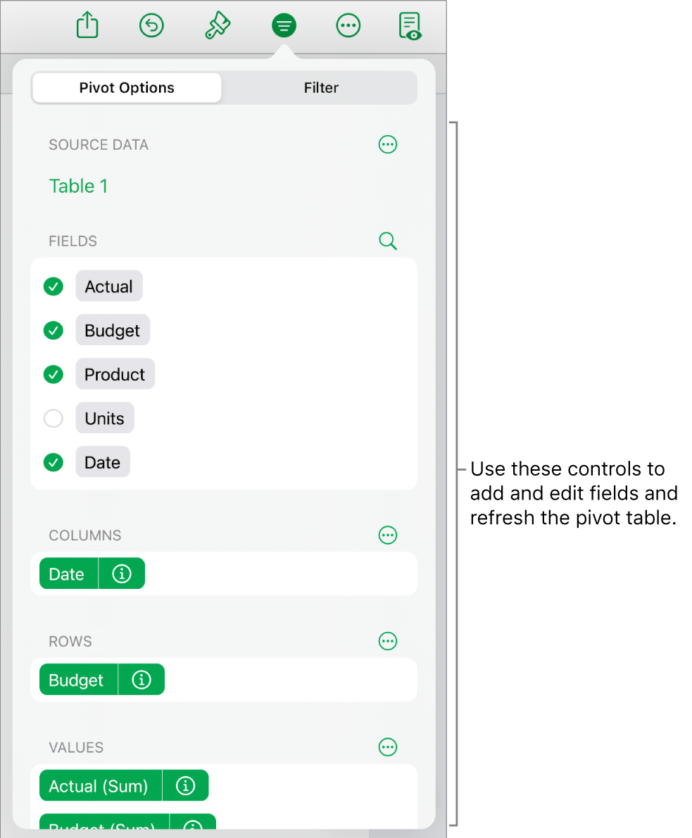 The Pivot Options menu showing fields in the Columns, Rows and Values sections, as well as controls to edit the fields.