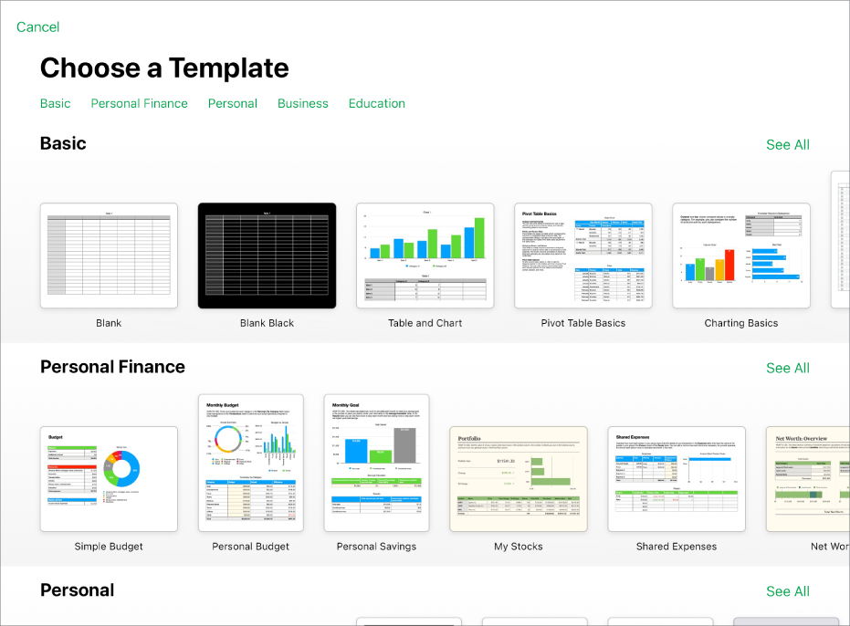 The template chooser, showing a row of categories across the top that you can tap to filter the options. Below are thumbnails of pre-designed templates arranged in rows by category.
