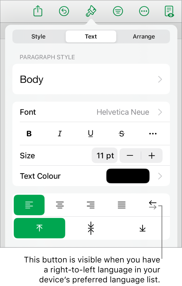 The Style section of the Format menu with a callout to the Right to Left button.