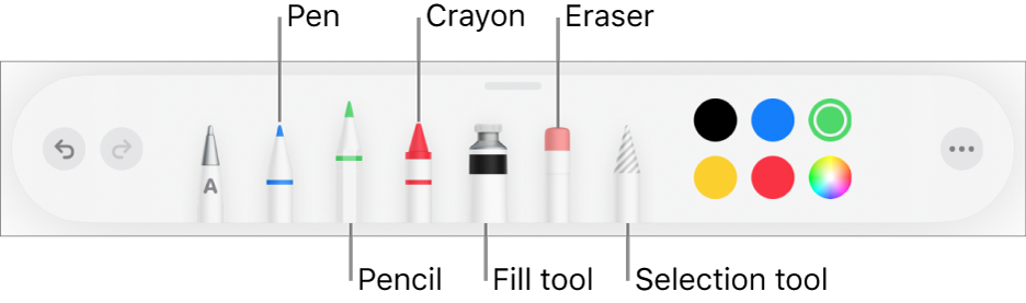 The drawing toolbar with a pen, pencil, crayon, fill tool, eraser, selection tool, and colors. On the far right is the More menu button