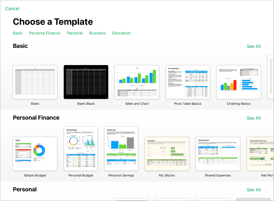 The template chooser, showing a row of categories across the top that you can tap to filter the options. Below are thumbnails of predesigned templates arranged in rows by category, starting with Recents at the top and followed by Basic and Personal Finance. A See All button appears above and to the right of each category row. The Language and Region button is in the top-right corner.