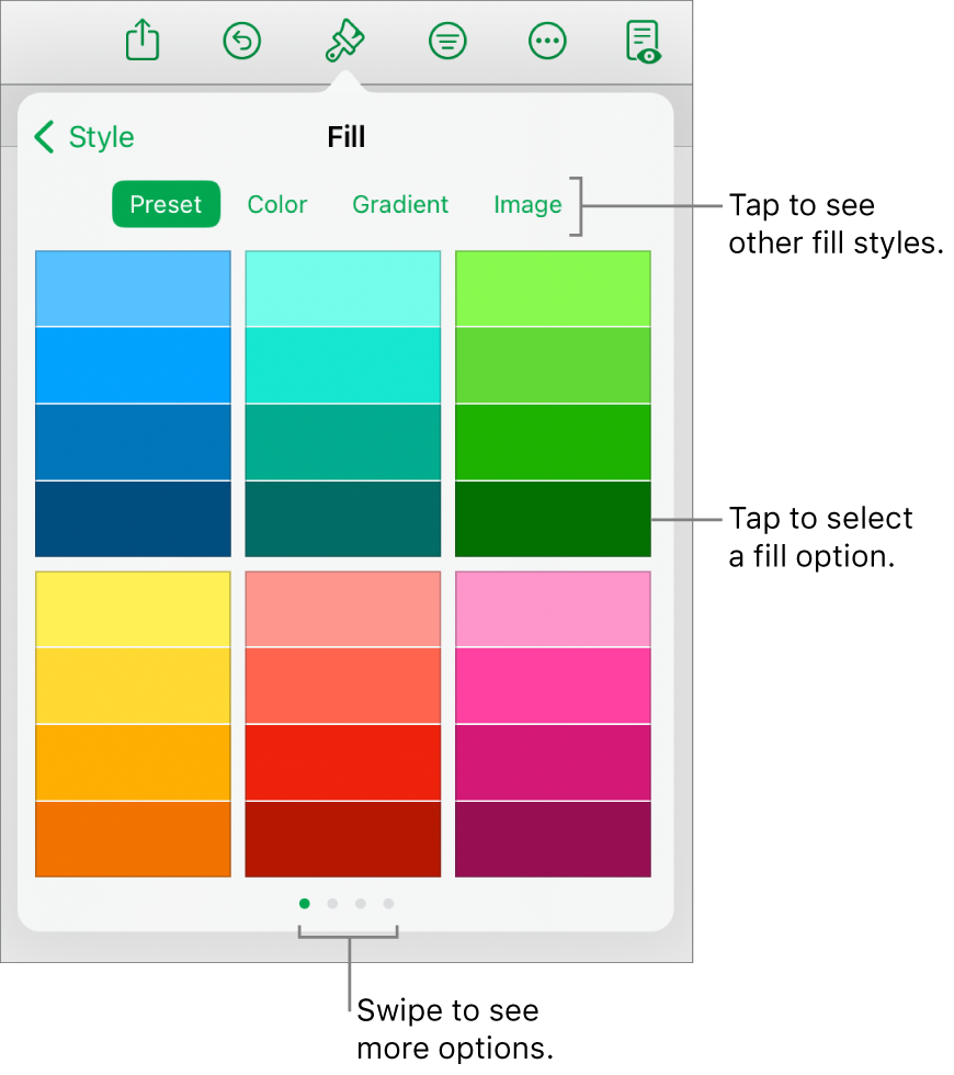 Fill options in the Style tab of the Format button.