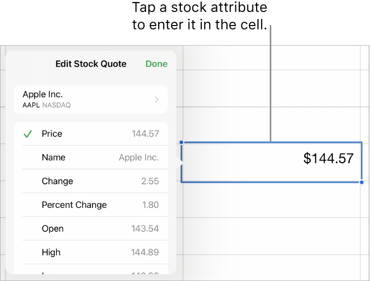 The stock quote popover, with the stock name at the top, and selectable stock attributes including price, name, change, percent change, open, and high listed below.