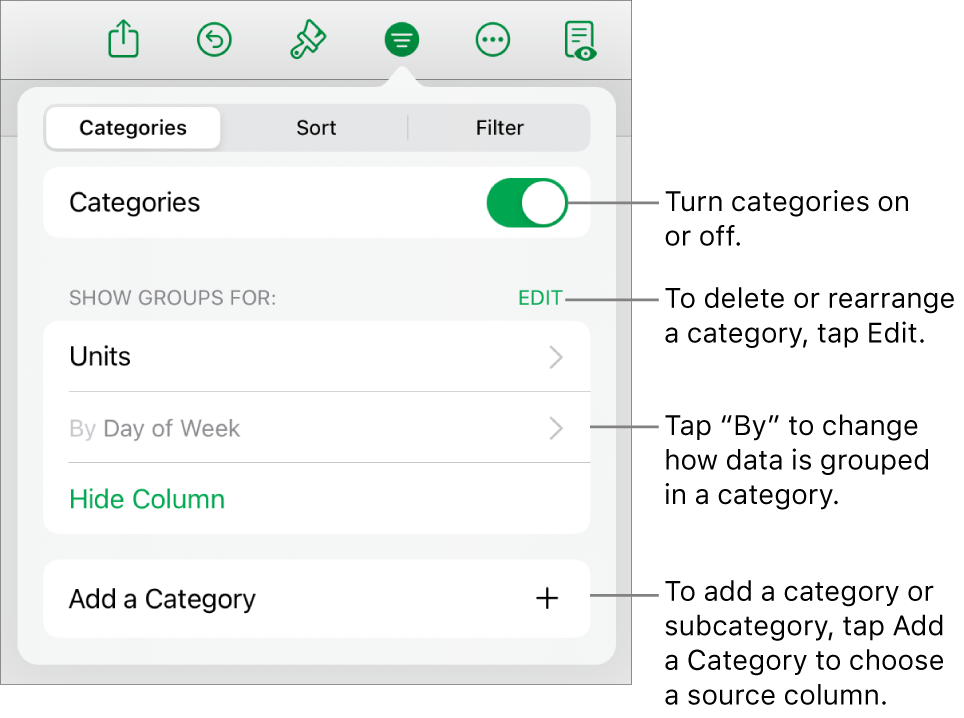 The Categories menu for iPad with options for turning categories off, deleting categories, regrouping data, hiding a source column, and adding categories.