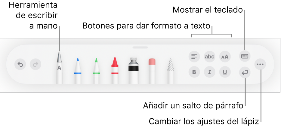 La barra de herramientas de escribir y dibujar con la herramienta “A mano” a la izquierda. A la derecha se encuentran los botones para aplicar formato al texto, mostrar el teclado, añadir un salto de párrafo y abrir el menú Más.