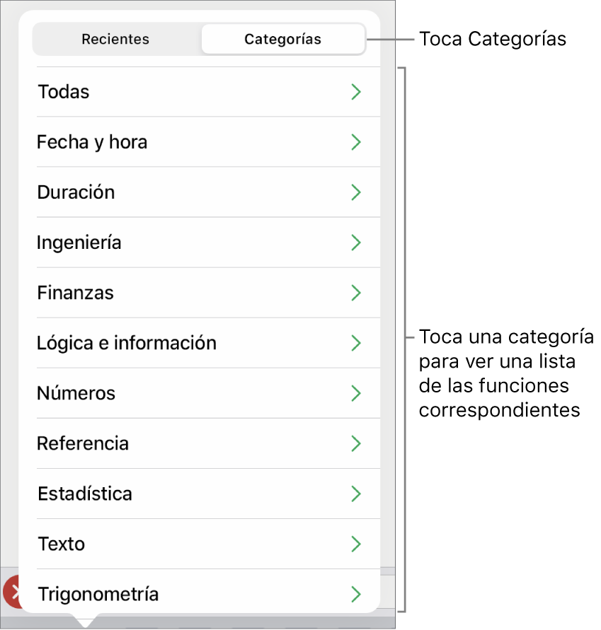El explorador de funciones con una llamada al botón Categorías y la lista de categorías.