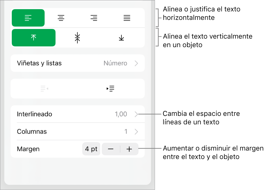 Sección Disposición del inspector de formato con llamadas a los botones de alineación de texto y espaciado.