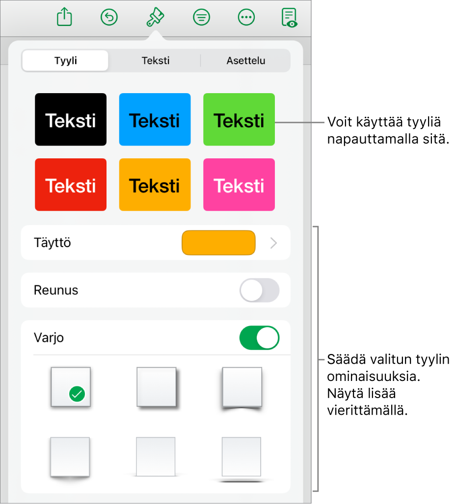 Muoto-valikon Tyyli-välilehti, jossa on ylhäällä kuviotyylejä ja niiden alla säätimiä, joilla muutetaan täyttöä, reunoja ja varjoa.