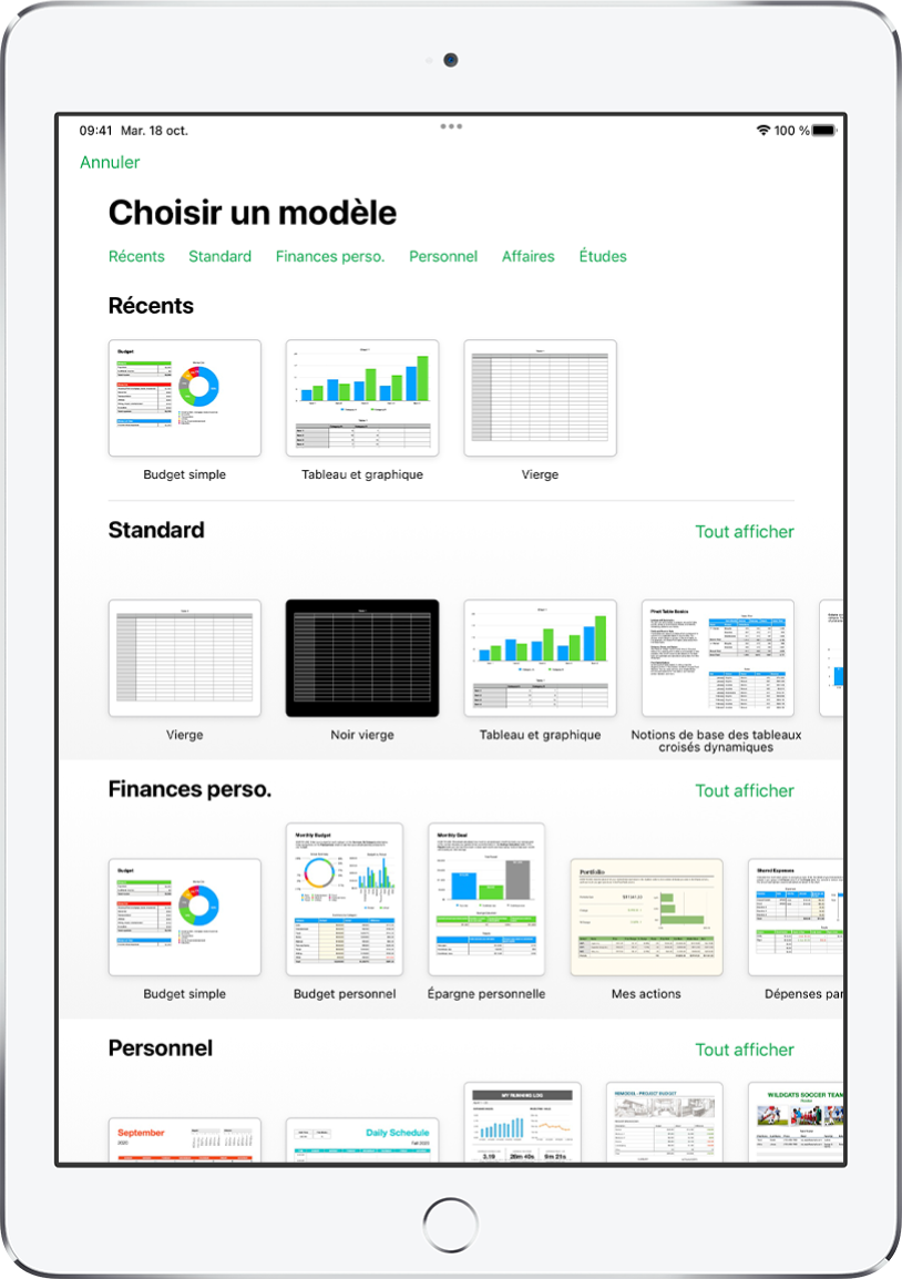 Le sélecteur de modèles affiche en haut une rangée de catégories que vous pouvez toucher pour filtrer les options. En dessous, des vignettes de modèles prédéfinis sont disposées en rangées par catégorie, en commençant en haut par Récents, suivi de Standard et de Finances personnelles. Un bouton « Voir tout » apparaît au-dessus et à droite de la ligne de chacune des catégories. Le bouton Langue et région se trouve dans le coin supérieur droit.