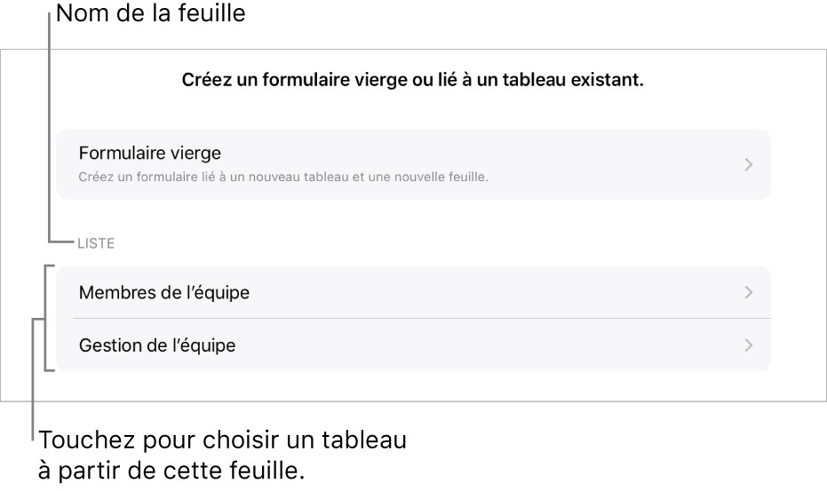 Une liste de tableaux qui se trouvent dans la même feuille de calcul, avec l’option de créer un formulaire vierge en haut.