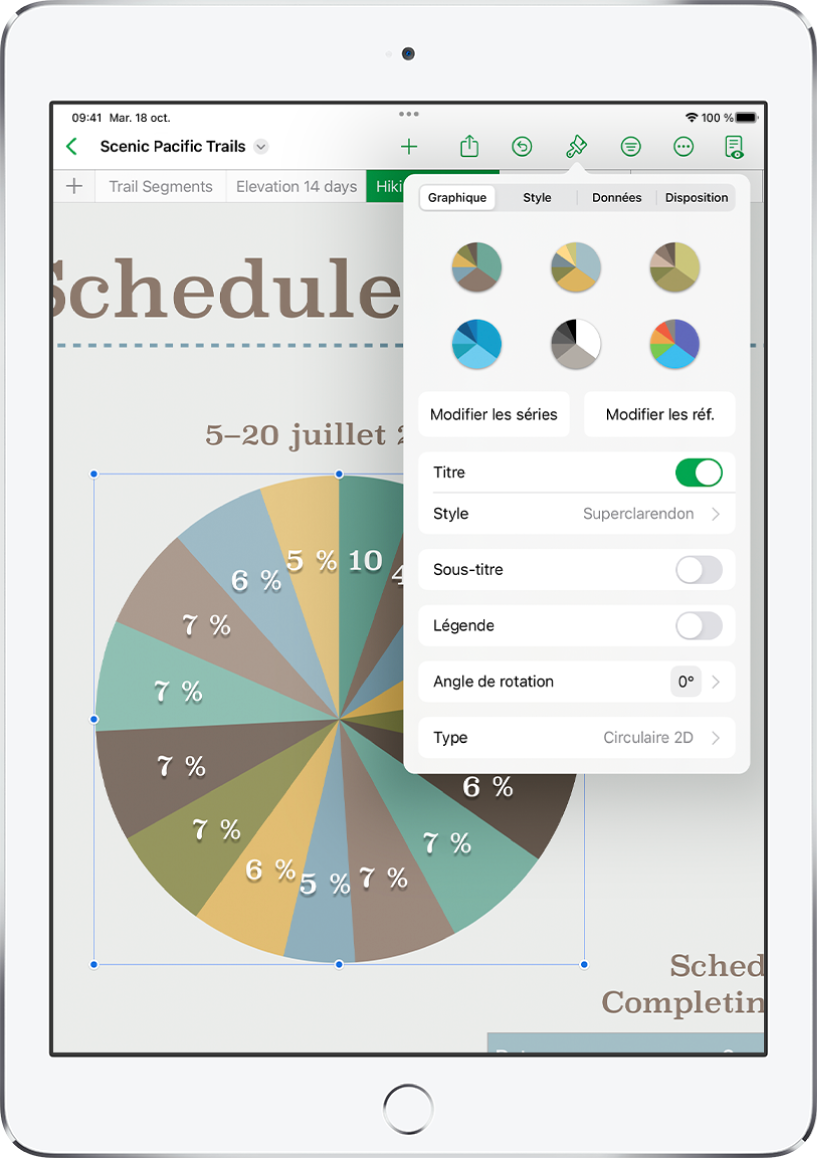 Diagramme circulaire affichant les pourcentages des randonnées terminées. Le menu Format est également ouvert, affichant différents styles de tableaux parmi lesquels choisir, ainsi que l’option de modifier les séries ou les références de graphique, d’activer ou de désactiver la légende du graphique, d’ajuster l’angle de rotation du graphique et de changer le type de graphique.