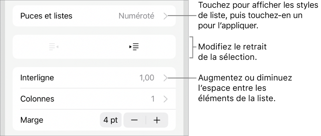 La section Puces et listes des commandes Format avec des légendes indiquant le menu Puces et listes, les boutons de retrait ou de suppression du retrait, et les commandes d’interligne.