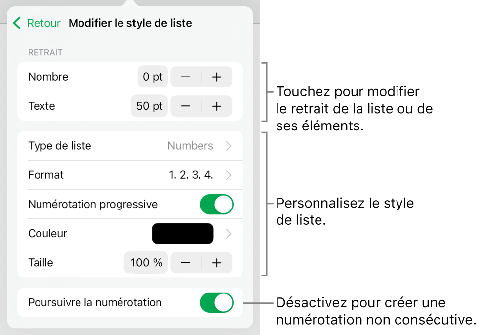 Menu Modifier le style de liste avec les commandes pour le retrait, le type et le format de liste, la numérotation progressive, la couleur et la taille, et la numérotation continue.