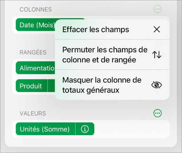 Menu Options de champ avec commandes permettant de masquer les totaux généraux, de permuter les champs de colonne et de rangée et d’effacer des champs.