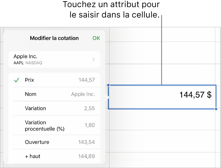 Fenêtre contextuelle Cotation dont le nom de l’action apparaît en haut et les attributs d’action sélectionnables, notamment le cours, le nom du cours, son évolution, cette évolution en pourcentage, le cours à l’ouverture et sa valeur maximale et apparaissent en bas.