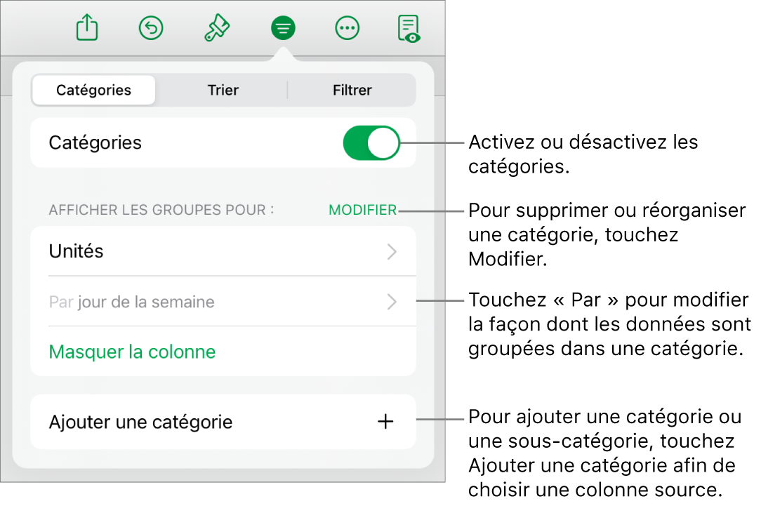 Le menu Catégories pour iPad, avec des options permettant de désactiver les catégories, supprimer des catégories, regrouper des données, masquer une colonne source et ajouter des catégories.