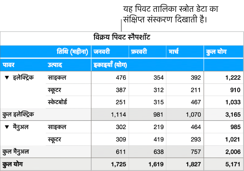 निश्चित डेटा को प्रकट करने के लिए पिवट टेबल जो संक्षिप्त डेटा और नियंत्रण दिखाती है।