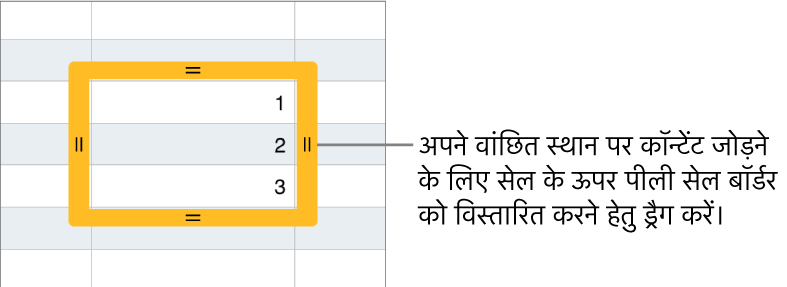 पीले रंग की बड़ी बॉर्डर वाला चयनित सेल, जिसे आप सेल में ऑटोफ़िल के लिए ड्रैग कर सकते हैं।