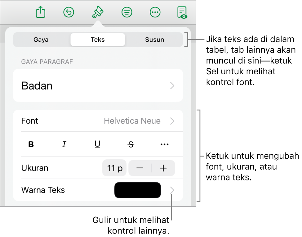 Kontrol teks di menu Format untuk mengatur paragraf dan gaya karakter, font, ukuran, dan warna.