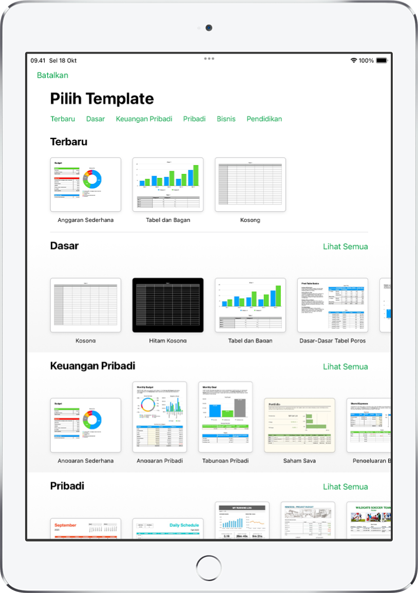 Pemilih template, menampilkan baris kategori di sepanjang bagian atas yang dapat Anda ketuk untuk memfilter pilihan. Di bawah adalah gambar mini template yang dirancang sebelumnya yang diatur menurut kategori, dimulai dengan Terbaru di bagian atas dan diikuti oleh Dasar dan Keuangan Pribadi. Tombol Lihat Semua muncul di atas dan di sebelah kanan setiap baris kategori. Tombol Bahasa dan Wilayah berada di pojok kanan atas.