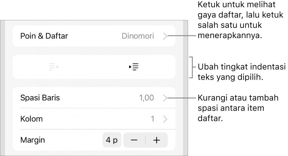 Bagian Poin & Daftar dari kontrol Format dengan keterangan ke Poin & Daftar, tombol indentasi luar dan indentasi dalam, serta kontrol spasi baris.