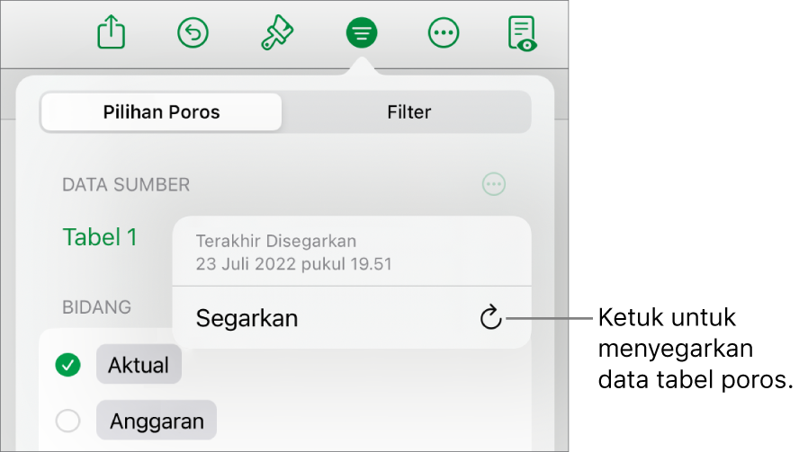 Menu Pilihan Poros menampilkan pilihan untuk menyegarkan tabel poros.