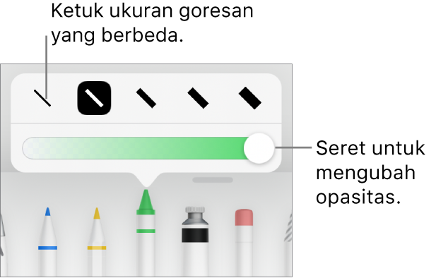 Kontrol untuk memilih ukuran coretan dan penggeser untuk menyesuaikan opasitas.