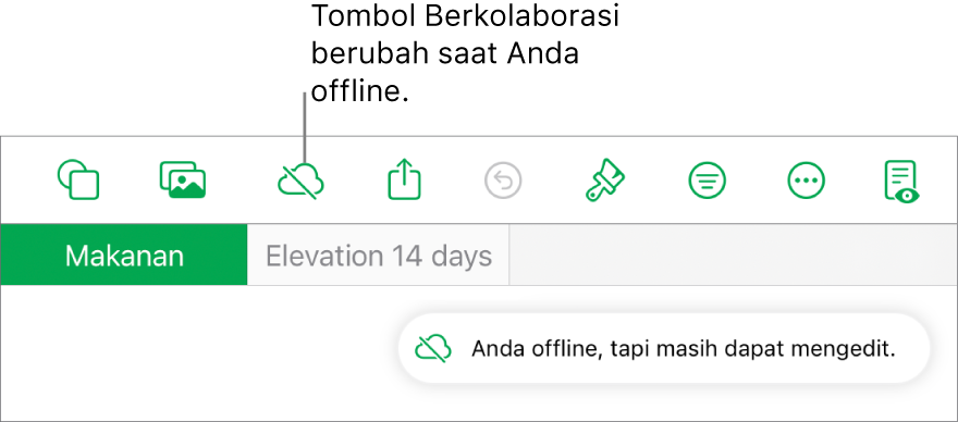 Tombol di bagian atas layar, dengan tombol Kolaborasikan berubah menjadi awan dengan garis diagonal melaluinya. Peringatan di layar bertuliskan “Anda offline tapi masih dapat mengedit”.