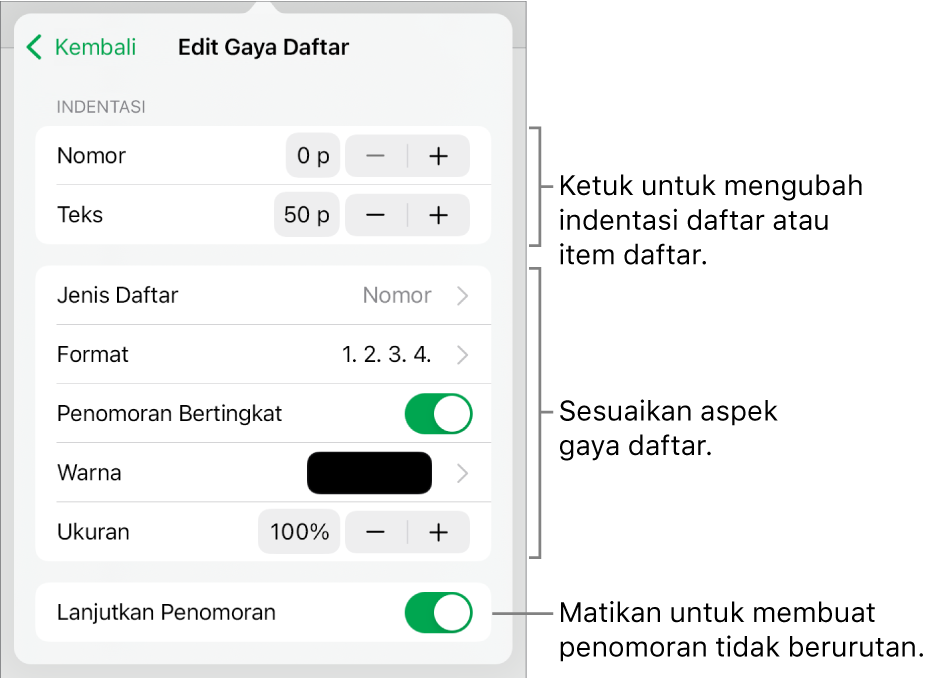 Menu Edit Gaya Daftar untuk spasi indentasi, jenis dan format daftar, penomoran bertingkat, warna dan ukuran daftar, serta penomoran berkelanjutan.