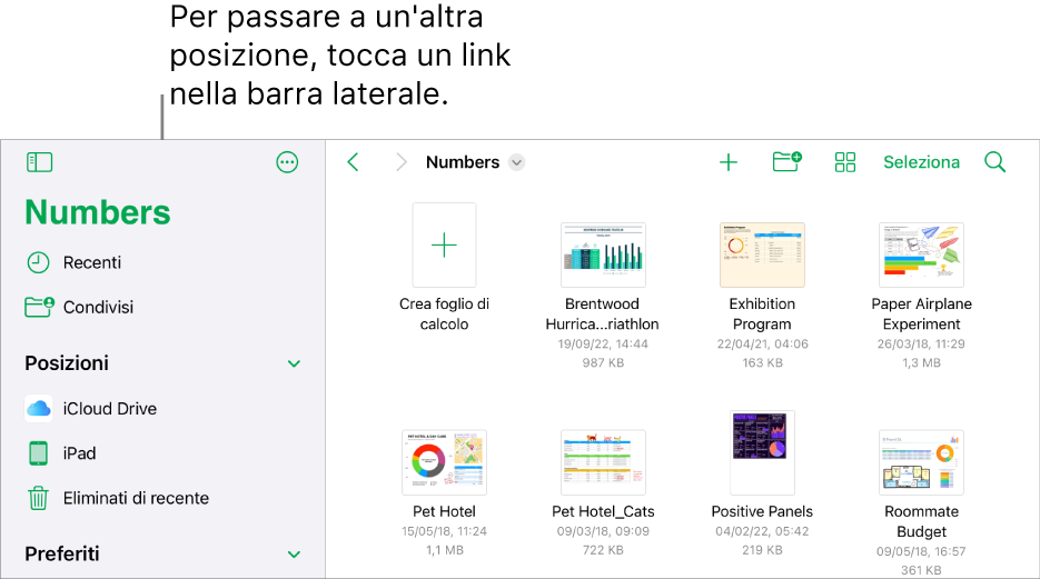 Vista sfoglia del gestore fogli di calcolo con un link a una posizione nell’angolo superiore sinistro e al di sotto un campo Cerca. Nell'angolo in alto a destra sono presenti il pulsante “Aggiungi foglio di calcolo”, il pulsante “Nuova cartella”, un menu a comparsa per la vista elenco o la vista a icone, un menu per filtrare per nome, data, dimensioni, tipo e tag e il pulsante Seleziona. Sotto sono visibili le miniature dei fogli di calcolo esistenti.