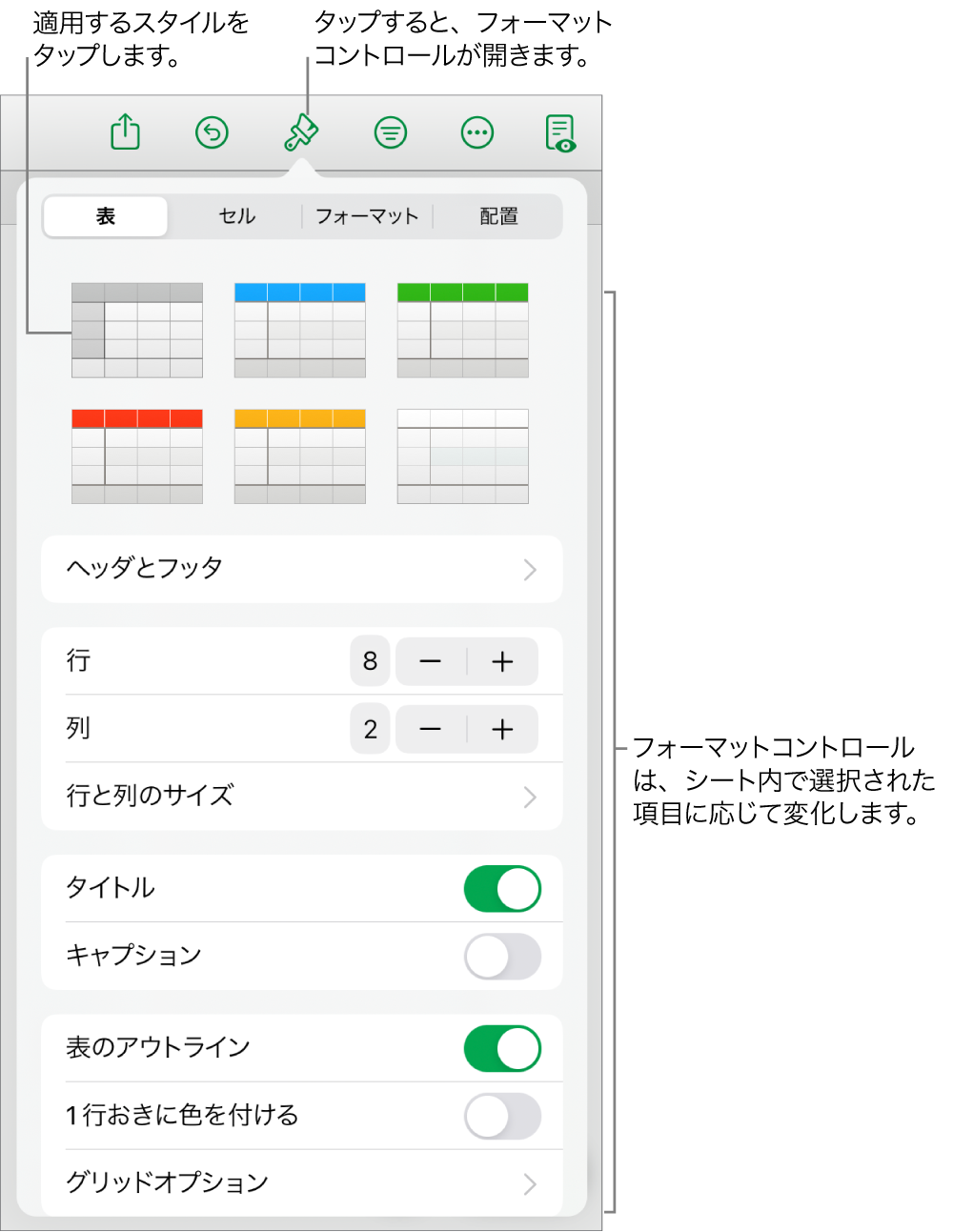 「フォーマット」ボタンの「表」パネル。