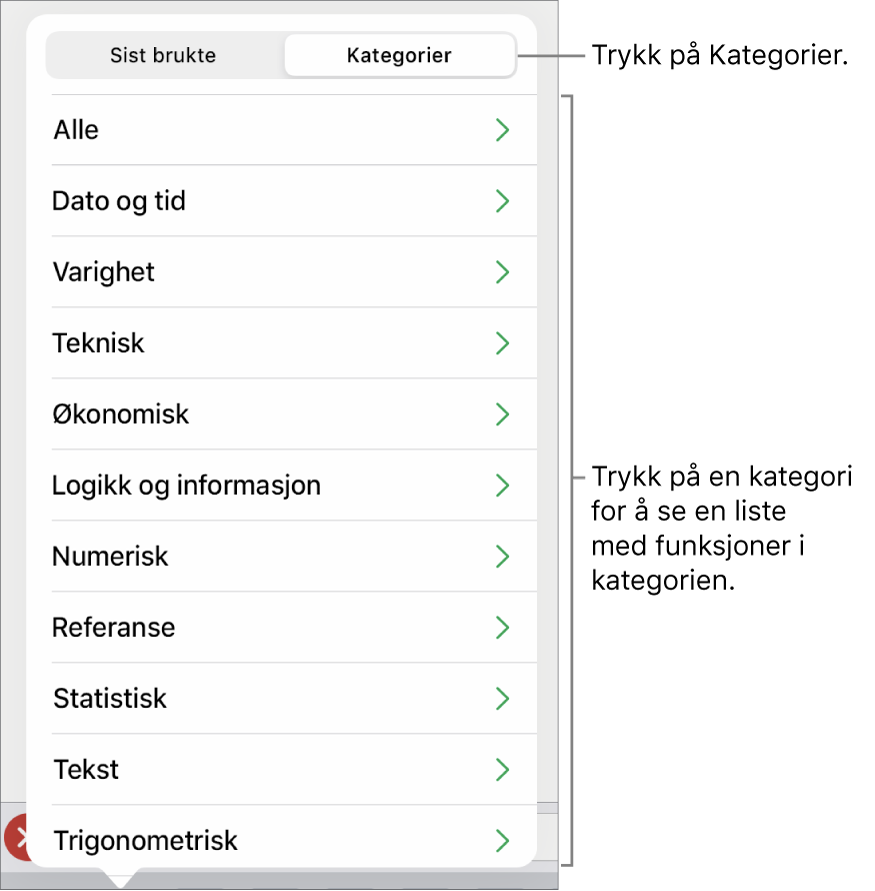 Funksjonsnavigeringen med Kategorier-knappen markert, og listen med kategorier nedenfor.