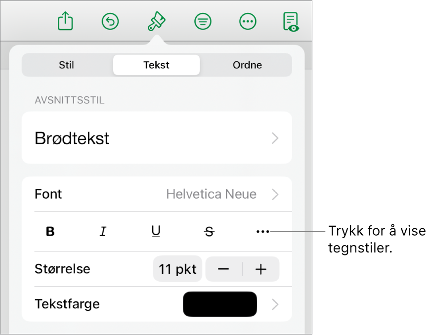 Format-kontrollene med avsnittsstiler øverst, deretter Font-kontroller. Under Font vises Halvfet-, Kursiv-, Understreket-, Gjennomstreket- og Flere tekstvalg-knappene.