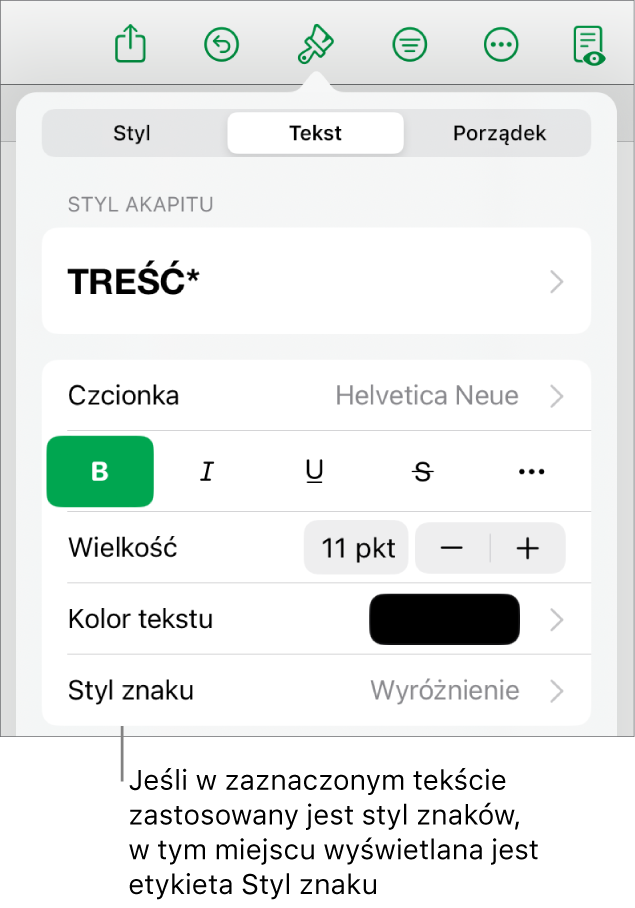 Narzędzia formatowania tekstu oraz menu stylów znaków widoczne poniżej narzędzi koloru. Styl znaków Brak wyświetlany jest z gwiazdką.