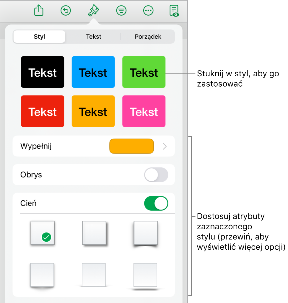 Karta Styl w menu Format, zawierająca na górze style obiektów, a poniżej narzędzia pozwalające na zmienianie wypełniania, krawędzi i cienia.