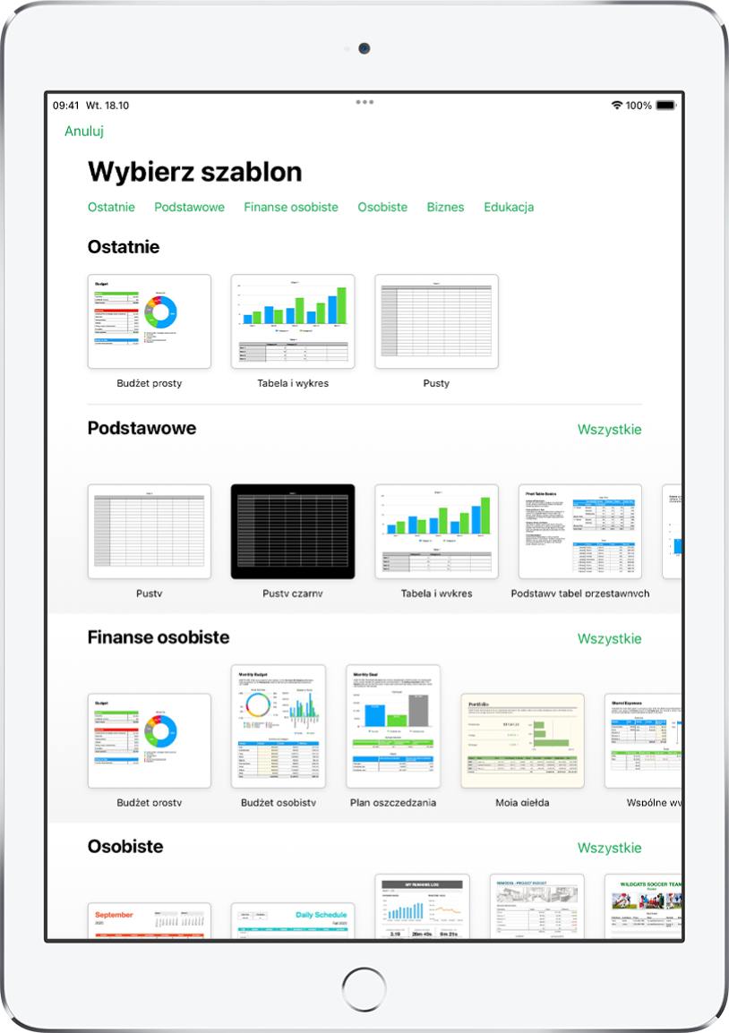 Paleta szablonów z widocznym na górze wierszem kategorii, w które możesz stuknąć, aby filtrować dostępne szablony. Poniżej widoczne są miniaturki gotowych szablonów uporządkowane wierszami według kategorii, zaczynając od widocznej na górze kategorii Ostatnie, po której następuje kategoria Podstawowe oraz kategoria Finanse osobiste. Po prawej stronie nad każdym wierszem kategorii widoczny jest przycisk Zobacz wszystkie. W prawym górnym rogu widoczny jest przycisk Język i region.