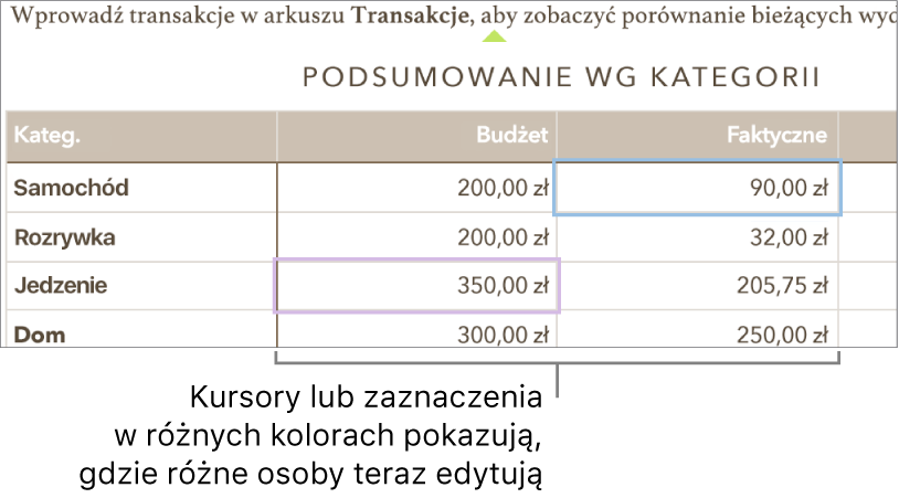 Różne kolory kursorów lub zaznaczeń wskazują miejsca aktualnie edytowane przez różne osoby.