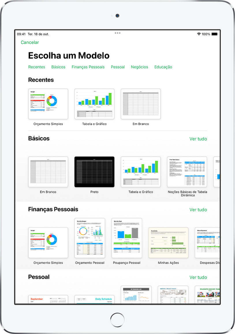 Seletor de modelos, mostrando uma linha de categorias na parte superior na qual você pode tocar para filtrar as opções. Abaixo estão miniaturas de modelos predefinidos organizadas em linhas por categoria, começando com Recentes na parte superior e seguidas por Básico e Finanças Pessoais. O botão Ver Tudo aparece acima e à direita de cada linha de categoria. O botão Idioma e Região está no canto superior direito.