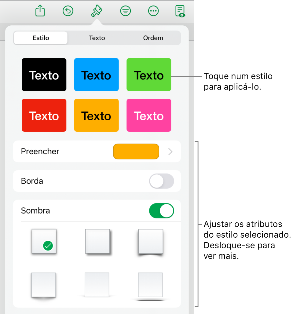 O separador Estilo do menu Formatação com estilos de objeto na parte superior e controlos por baixo para alterar o preenchimento, borda e sombra.
