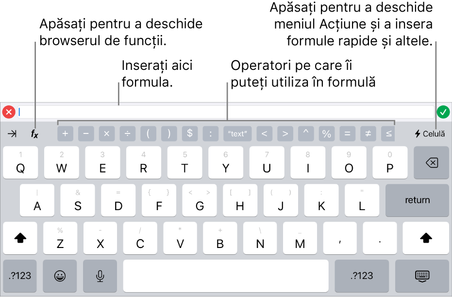 Tastatura pentru formule, cu editorul de formule în partea de sus și operatorii utilizați în formule sub acesta. Butonul Funcții pentru deschiderea browserului de funcții se află în stânga operatorilor, iar butonul pentru meniul Acțiune se află în dreapta.