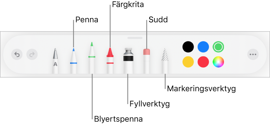 Ritverktygsfältet med en penna, blyertspenna, krita, fyllverktyg, sudd, markeringsverktyg och färger. Längst till höger finns Mer-menyknappen.