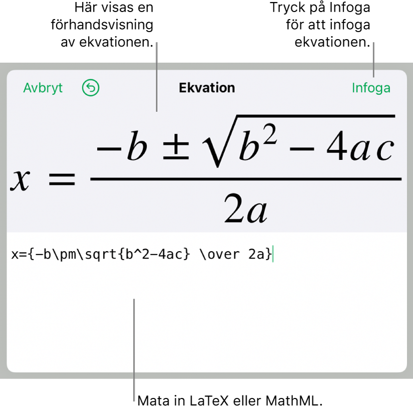 Den kvadratiska formeln skriven med LaTeX i ekvationsfältet och en förhandsvisning av formeln nedanför.