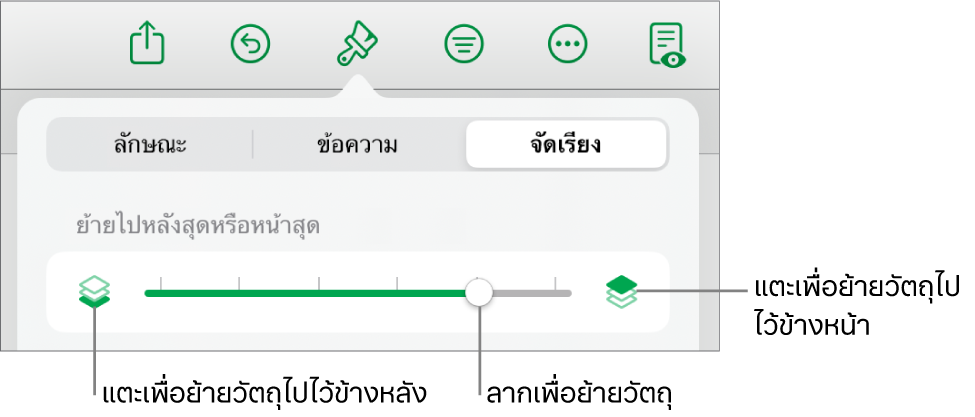 ปุ่มย้ายถอยหลัง ปุ่มย้ายไปข้างหน้า และแถบเลื่อนเลเยอร์