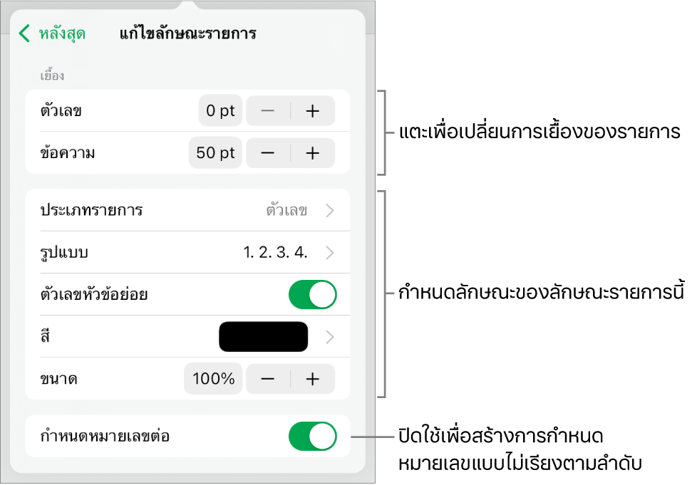 เมนูแก้ไขลักษณะรายการที่มีตัวควบคุมสำหรับระยะห่างการเยื้อง ประเภทและรูปแบบของรายการ ตัวเลขหัวข้อย่อย สีและขนาดของรายการ และการกำหนดหมายเลขต่อ