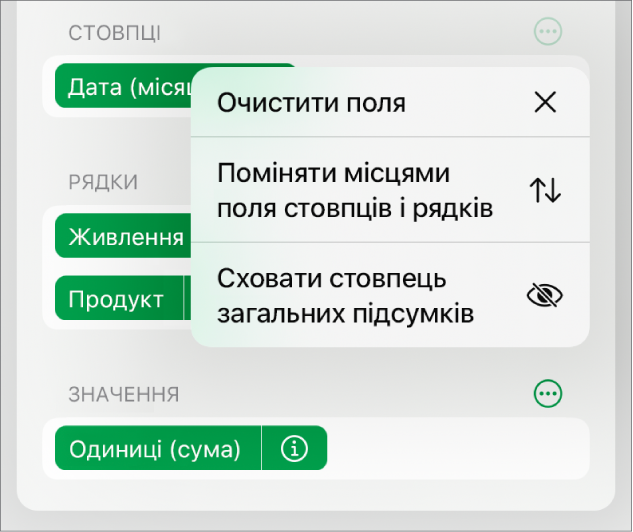 Меню «Додаткові опції полів» з елементами керування для приховання загальних підсумків, заміни місцями полів стовпців і рядків та очищення полів.