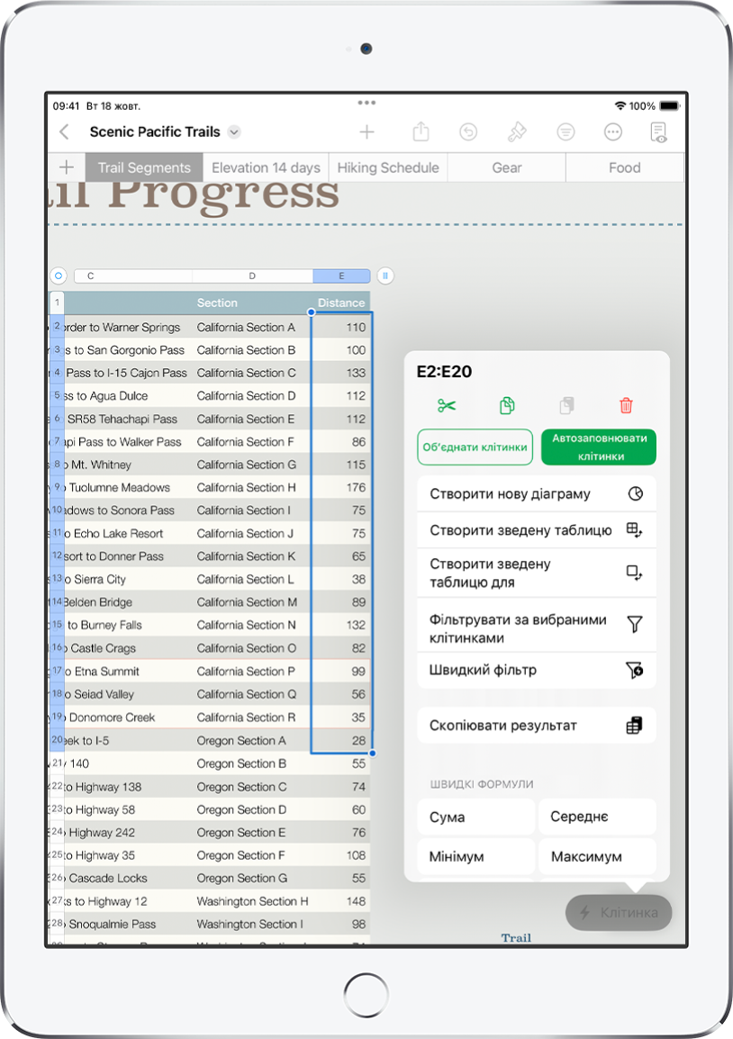 Електронна таблиця, у якій зазначено подолані піші маршрути та відстань кожного такого маршруту. Відкрите меню дій у клітинці, у якому показано опції додавання формул, дат, коментарів і фільтрів.